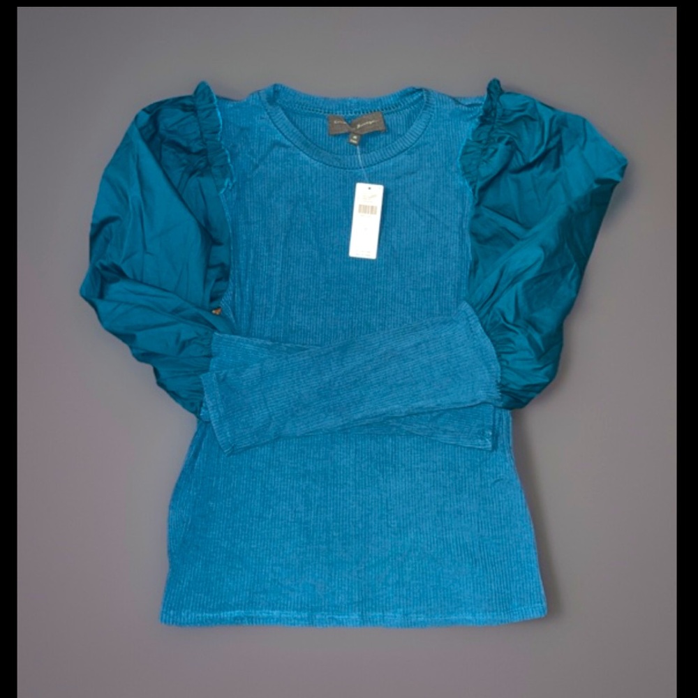 Anthropologie Sunday in Brooklyn Top Cotton Puff Sleeves Rayon Rib Knit Shirt